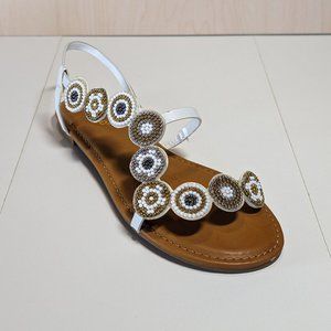 Bamboo Women Open Toe Ankle Strap Fashion Beaded Summer Sandals - White -